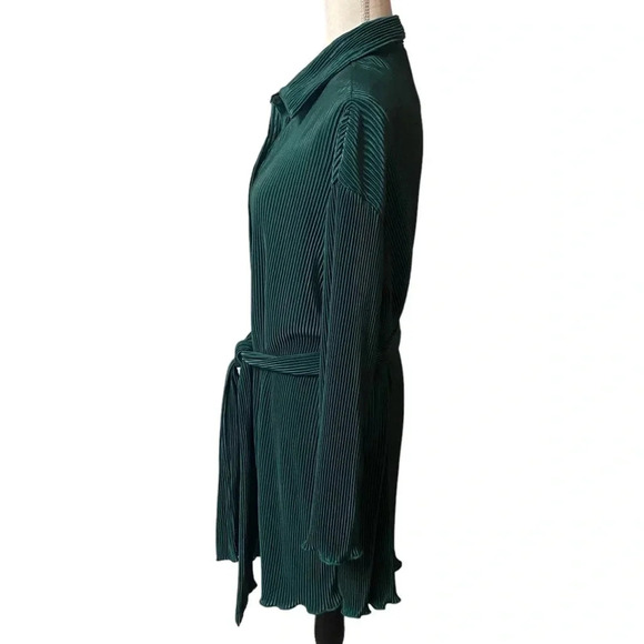 Papermoon Emerald Green Plissé Pleated Shirt Dress Belted Ruffle Hem Long Sleeve - Picture 8 of 16